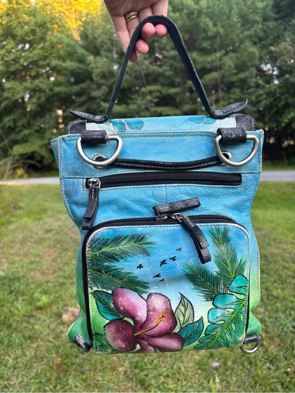Vintage Original by Sharif 1827 Hand Painted Leather Parrot Tropical Satchel